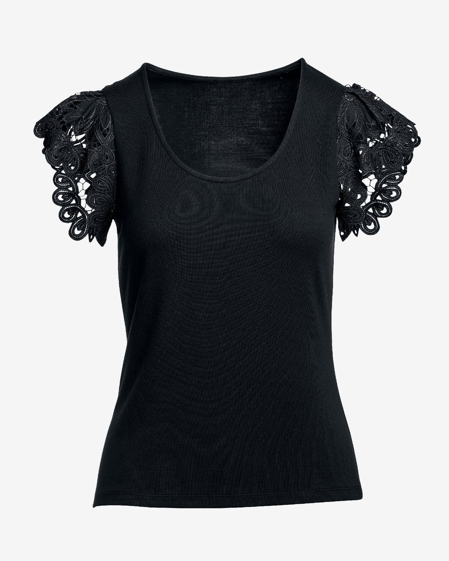 Scallop Lace Sleeve Knit Top Black