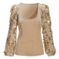 Embroidered Paillette Sequin-Sleeve Velvet Knit Top Champagne