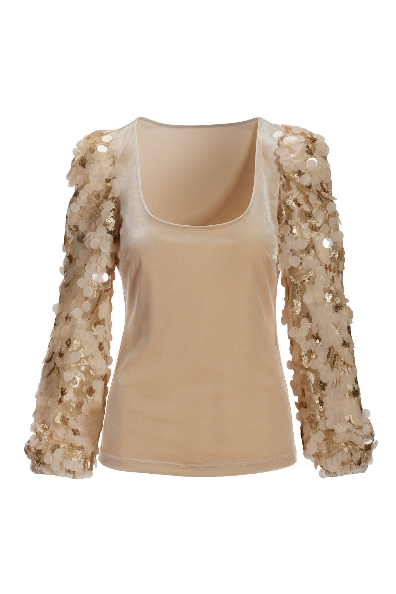 Embroidered Paillette Sequin-Sleeve Velvet Knit Top Champagne