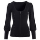 Ribbed Scoop-Neck Zip-Up Cardigan Black