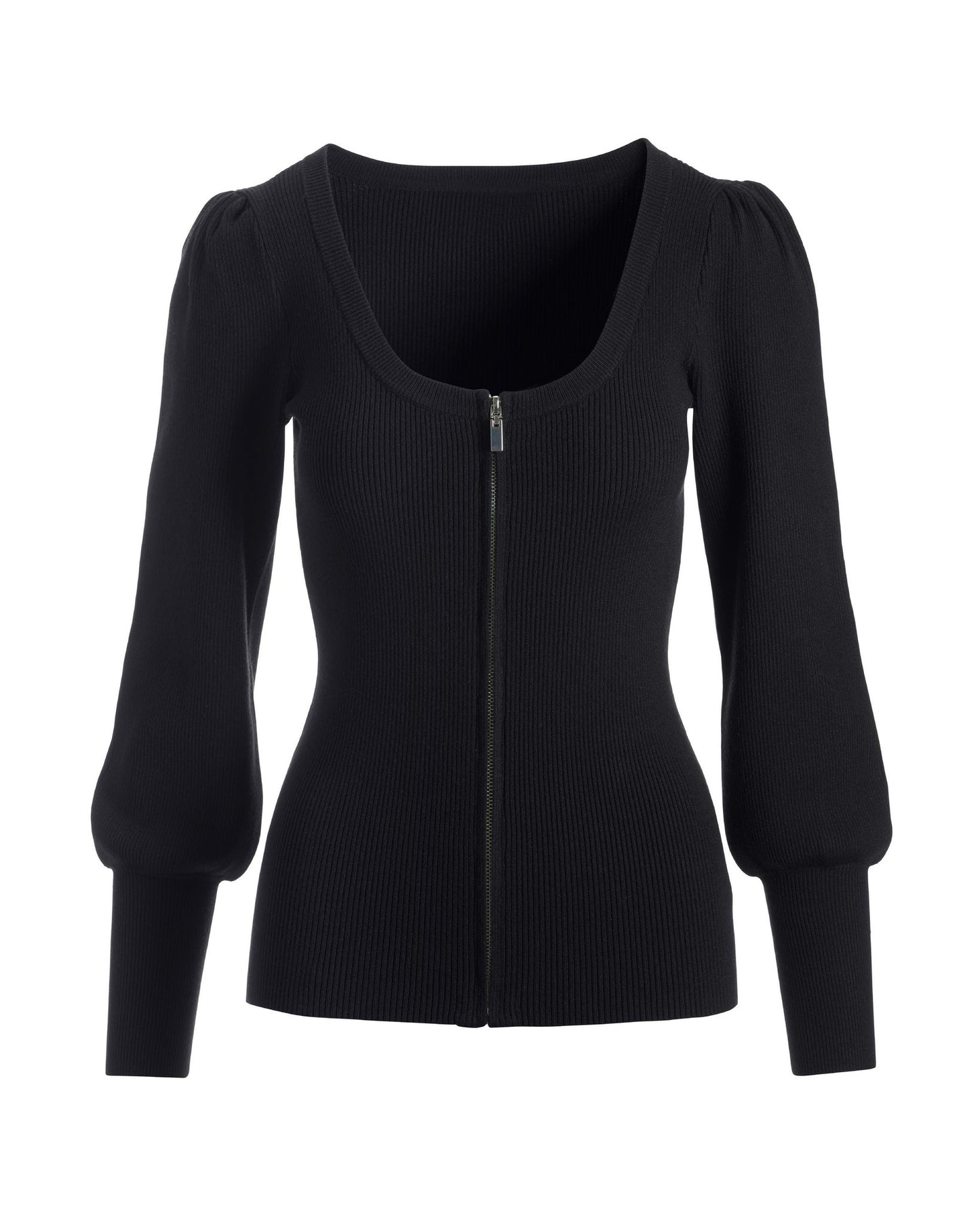 Ribbed Scoop-Neck Zip-Up Cardigan Black