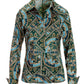 Classic Patchwork Print Sophia Button Up Charmeuse Blouse Green