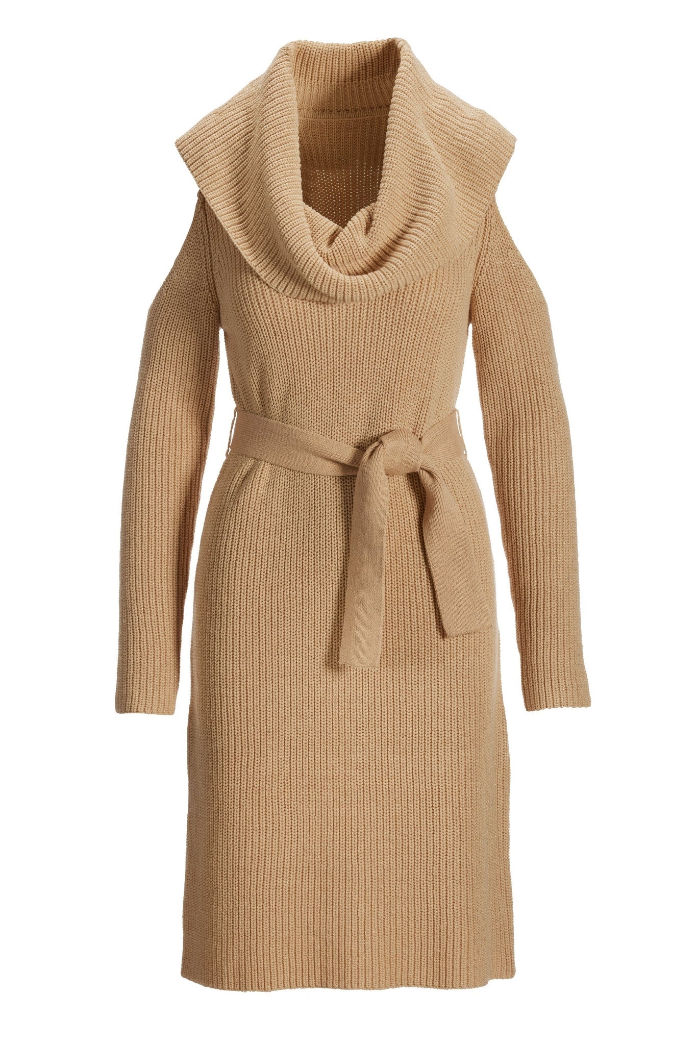 Cold-Shoulder Lurex Cowl-Neck Sweater Dress Gold