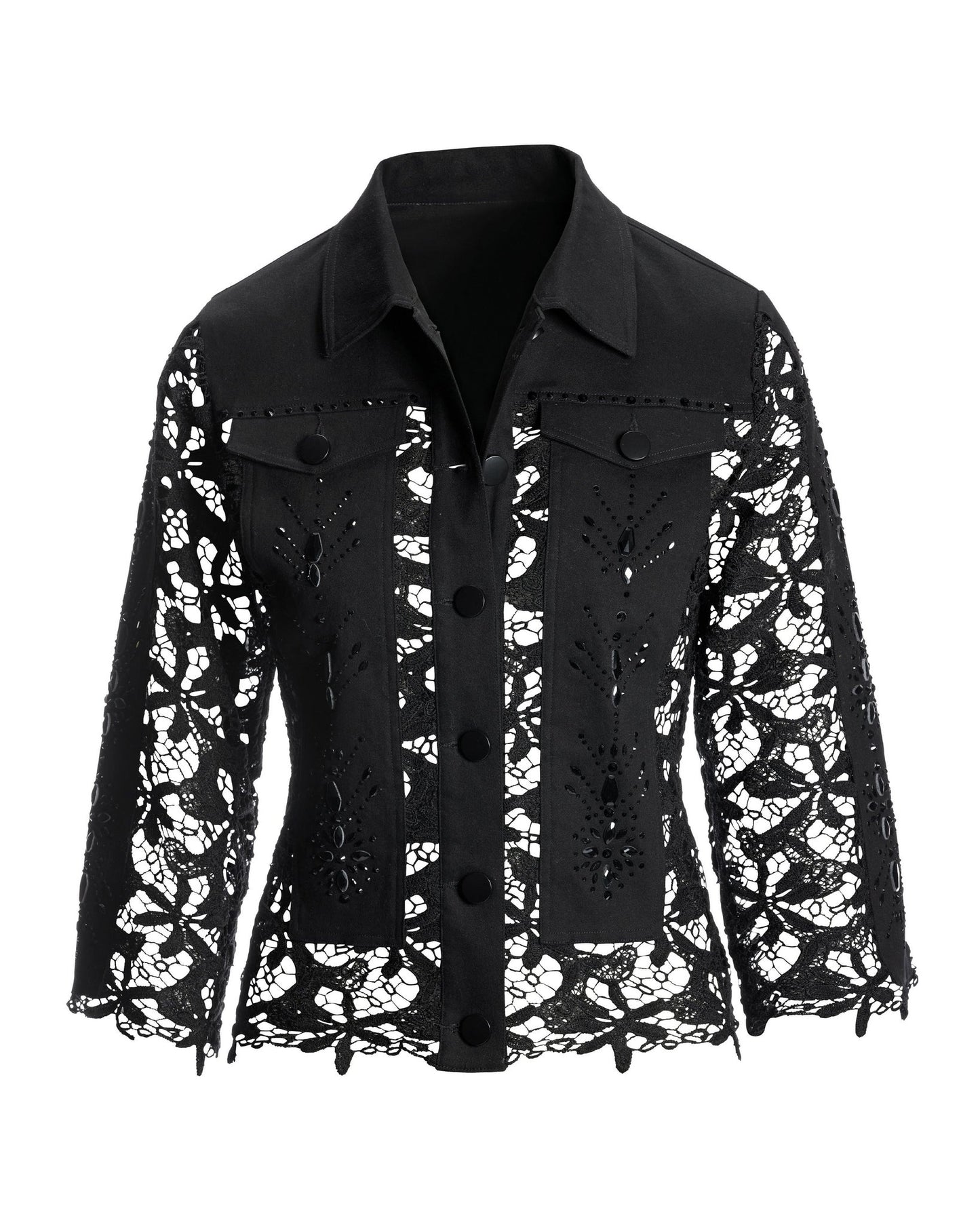 Embellished Lace Three-Quarter Sleeve Denim Jacket Black