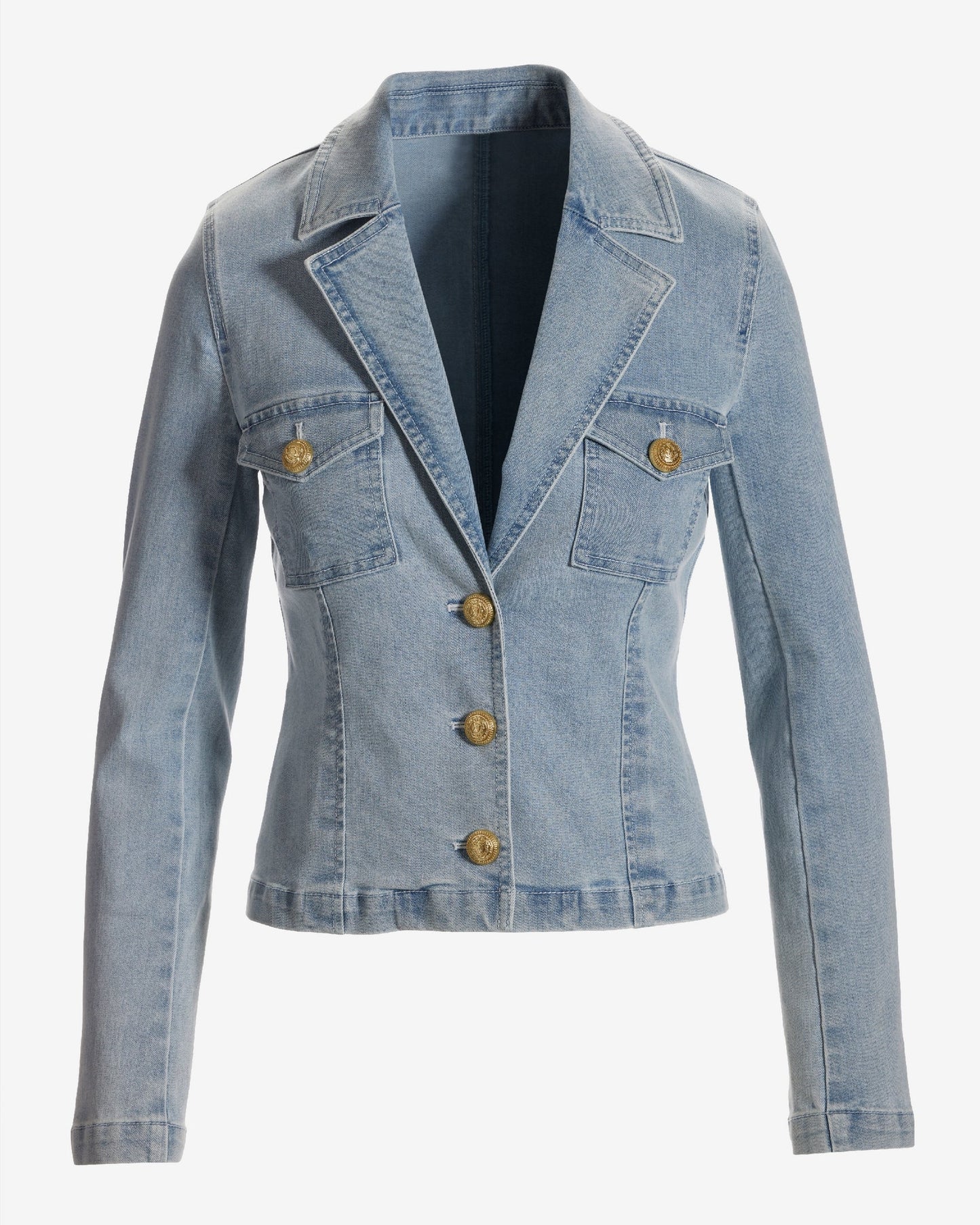 Modern Length Crest Button Luxe Denim Jacket Light Wash