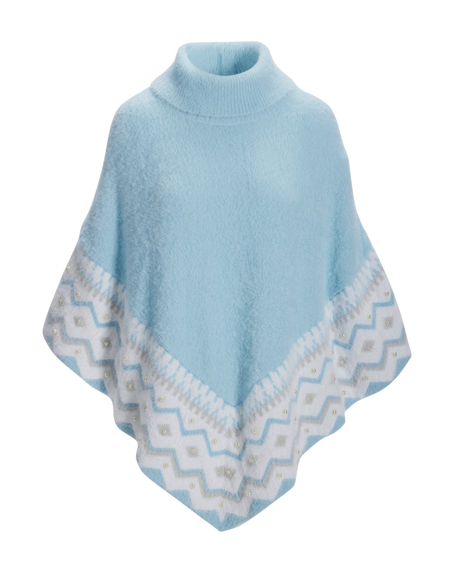 Plush Fair Isle Pearl Embellished Poncho Airy Blue