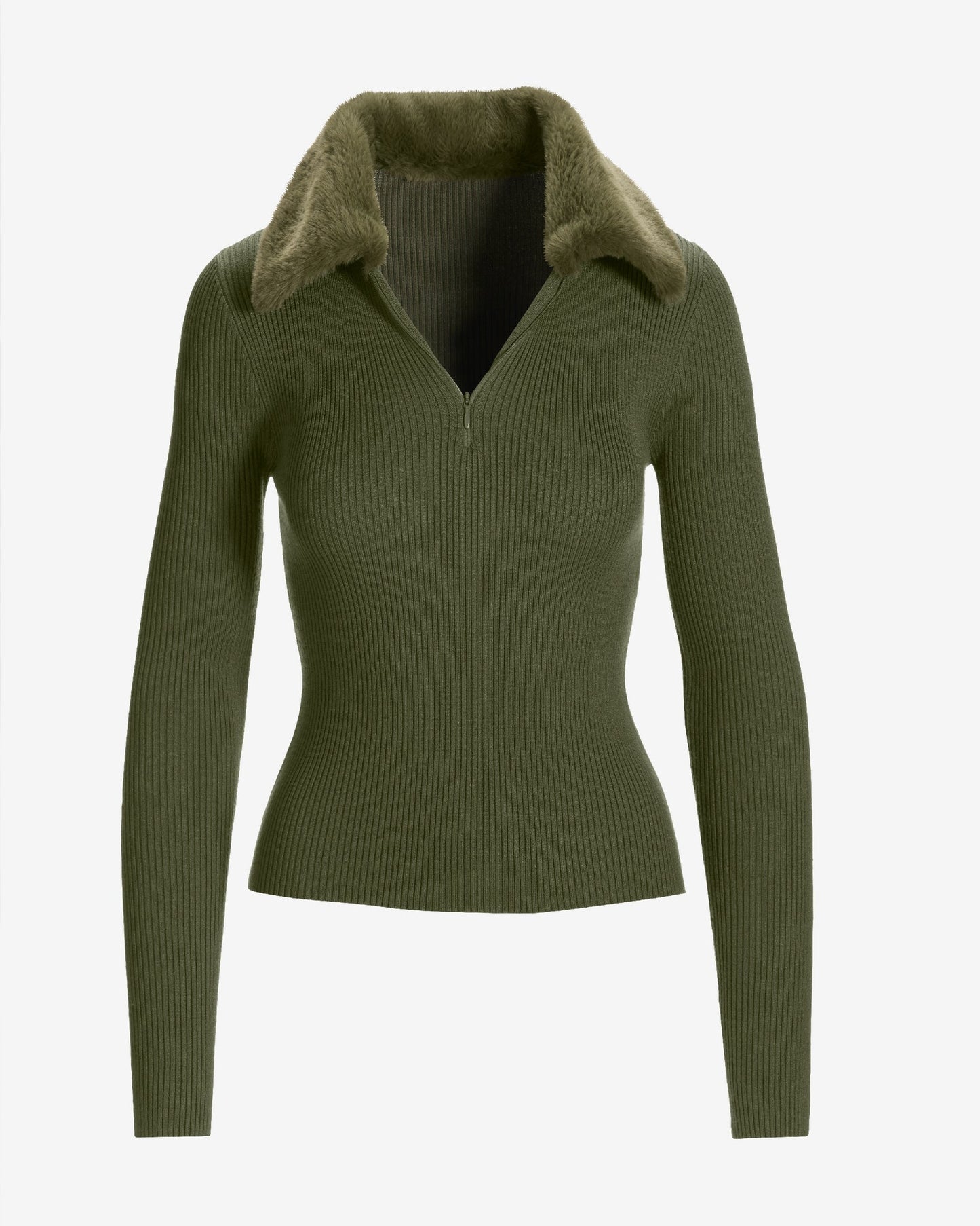 Faux Fur Collar Half Zip Ribbed Sweater Olive Night