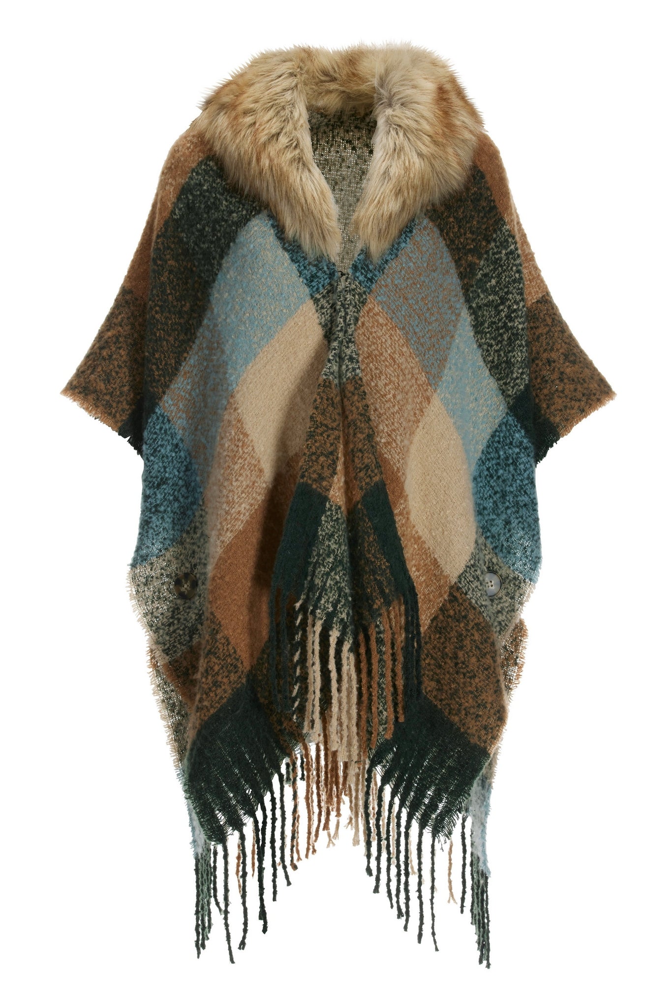 Plaid Faux Fur Fringe Poncho Multi