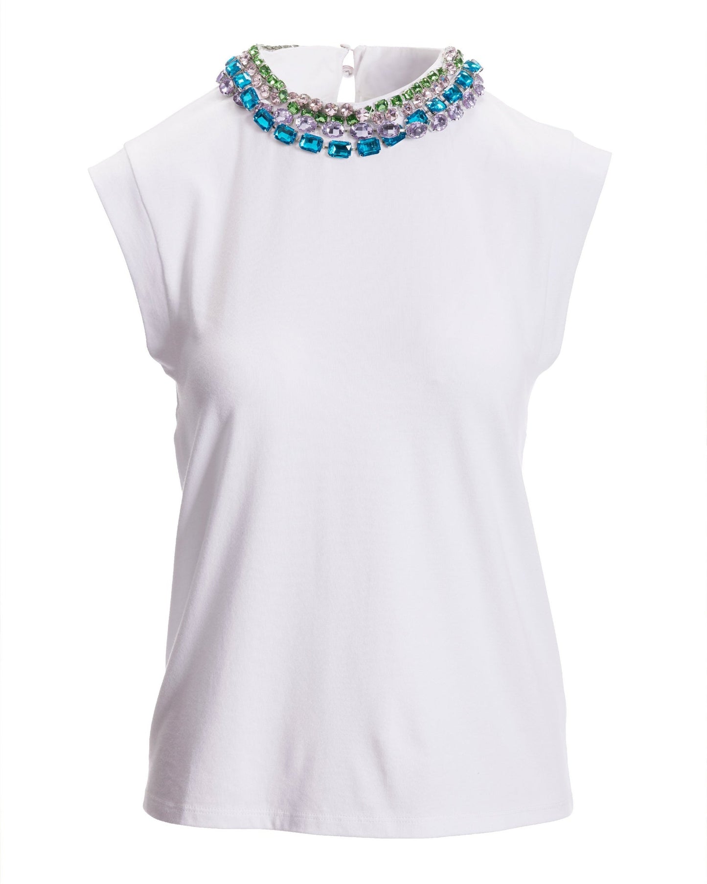 Jeweled Collared Neck T Shirt White
