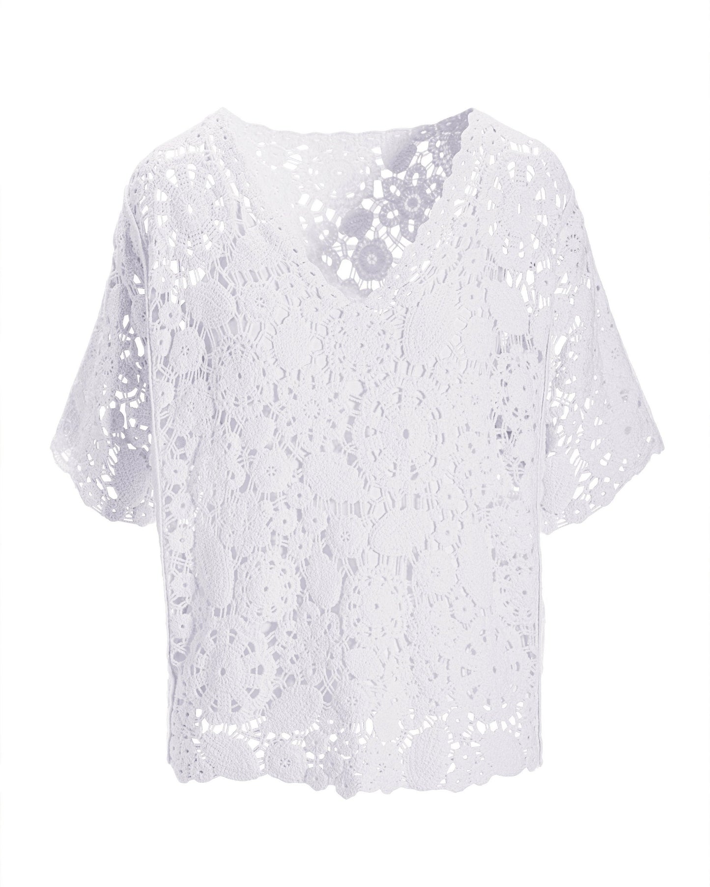 Crochet Effortless V Neck Short Sleeve Sweater White