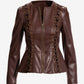 Faux Leather Lace Up Grommet Collarless Peplum Jacket Chocolate