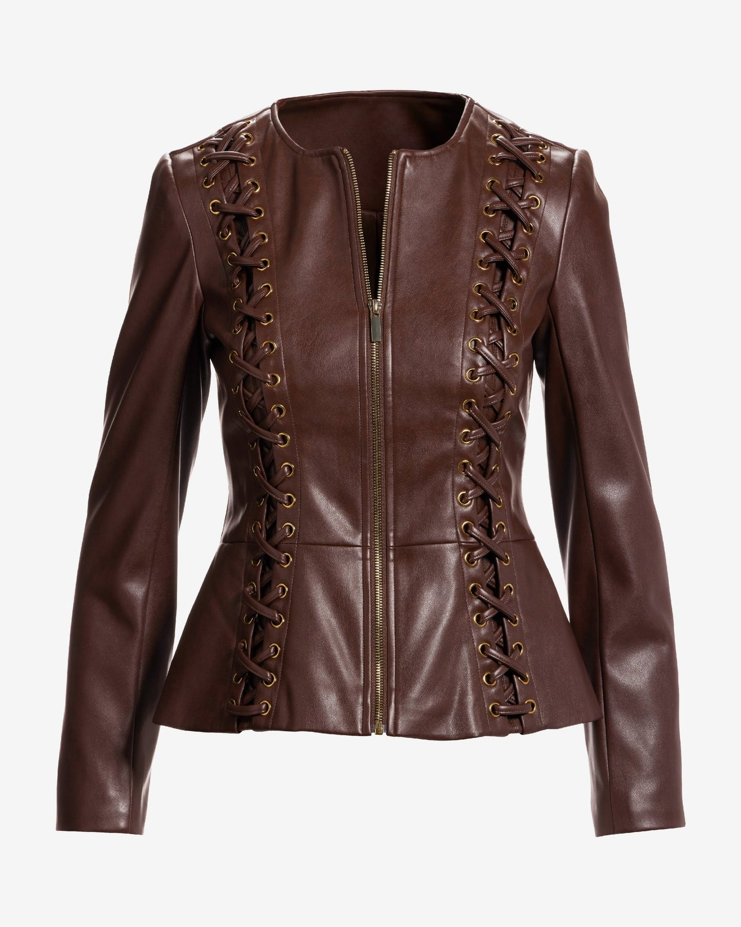 Faux Leather Lace Up Grommet Collarless Peplum Jacket Chocolate