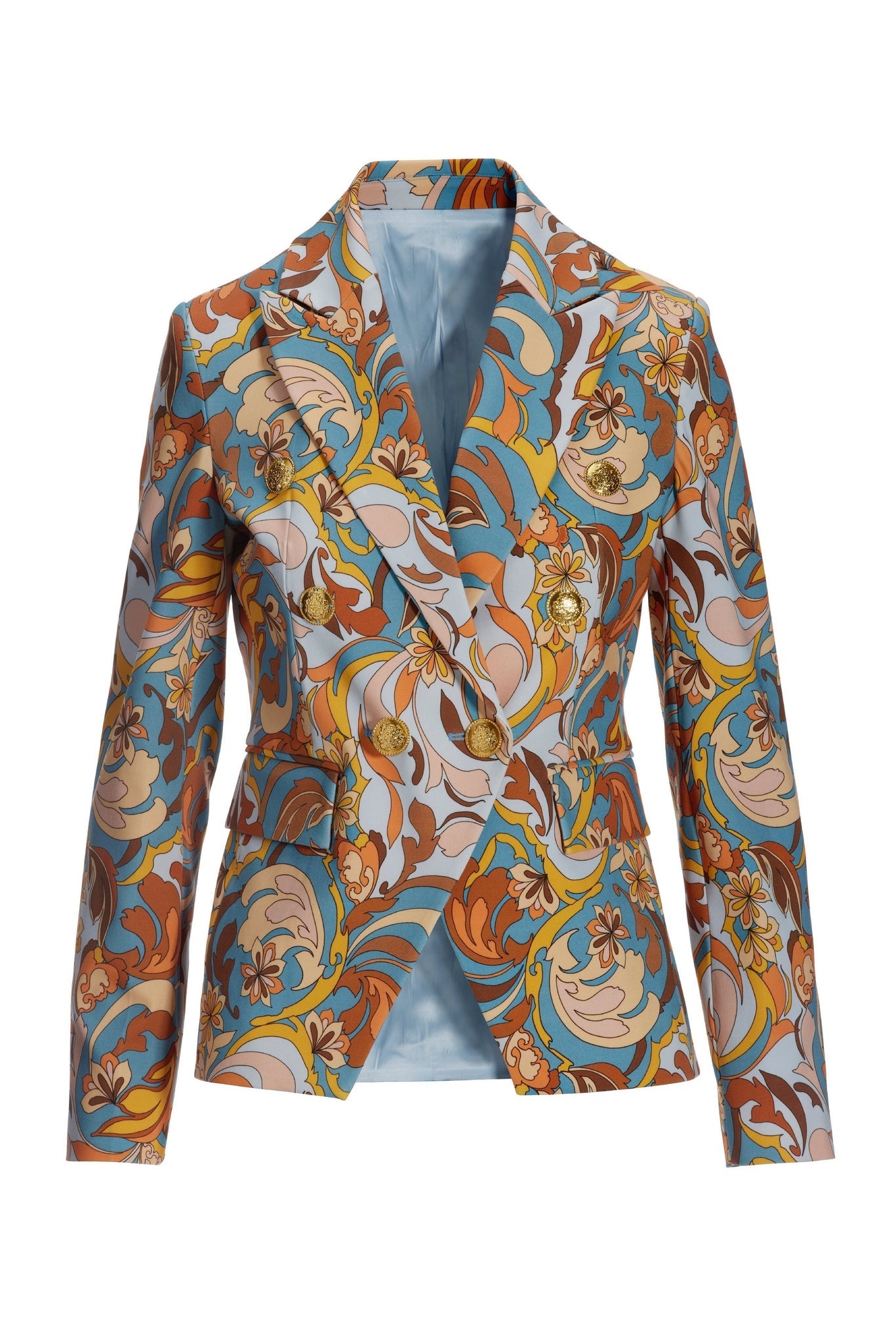 Folk Favorite Print Modern Double Breasted Blazer Blue Multi