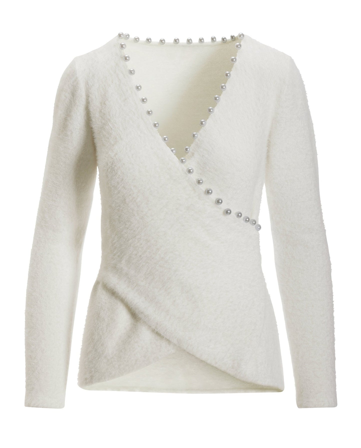 Pearl Trim Plush Surplice Sweater Off White