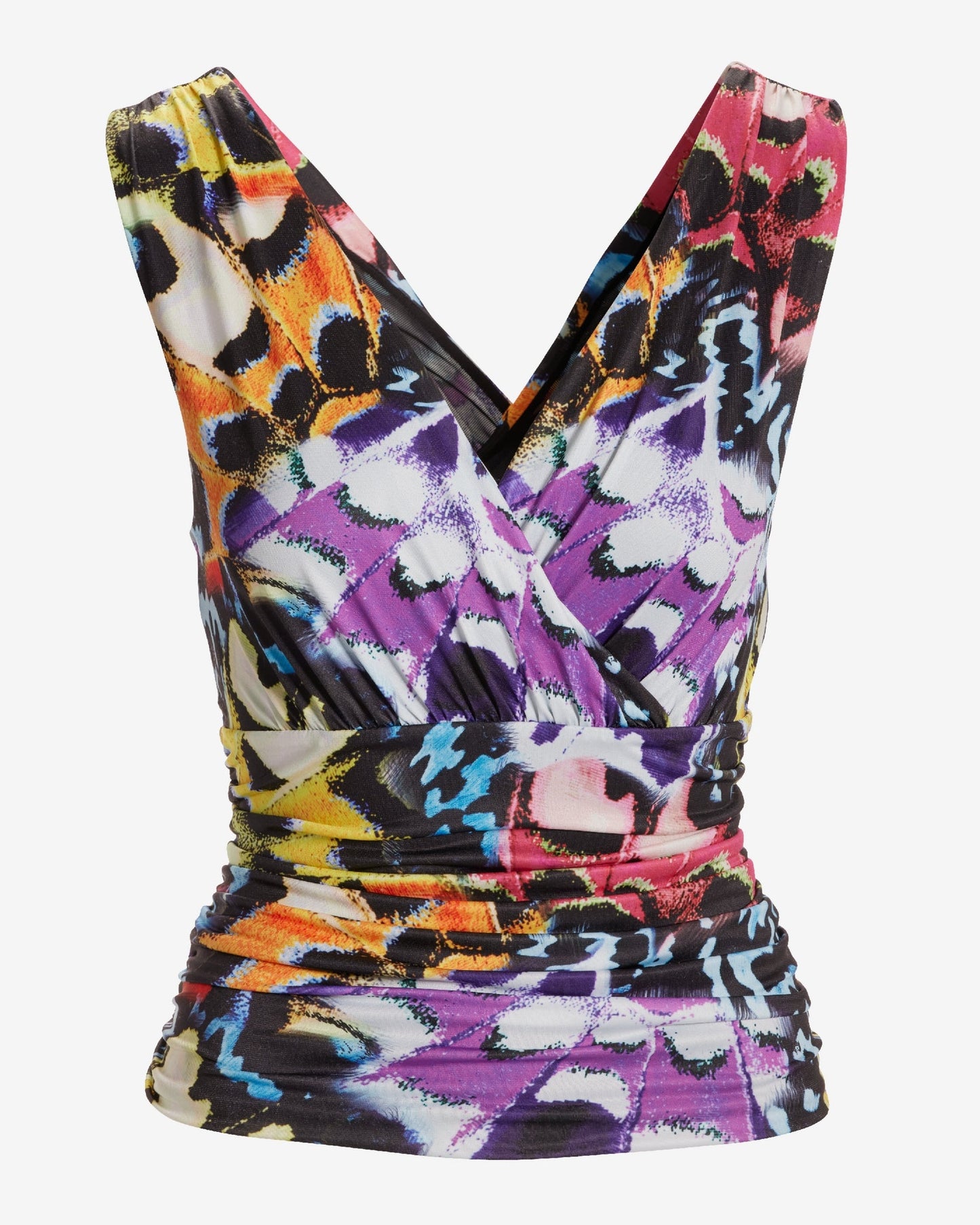 So Chic Printed Surplice Ruched Knit Top Beachside Butterfly