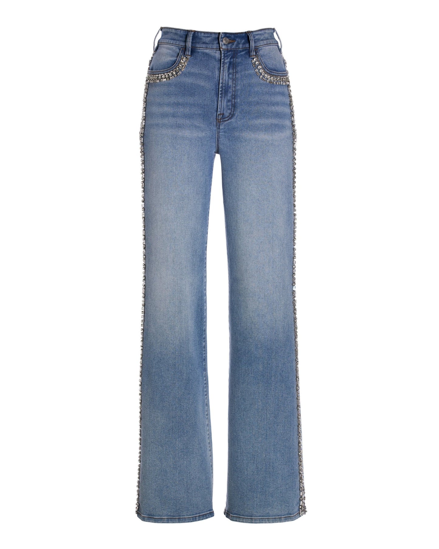 Malibu Embellished Crystal Trim Palazzo Jean Light Wash Denim
