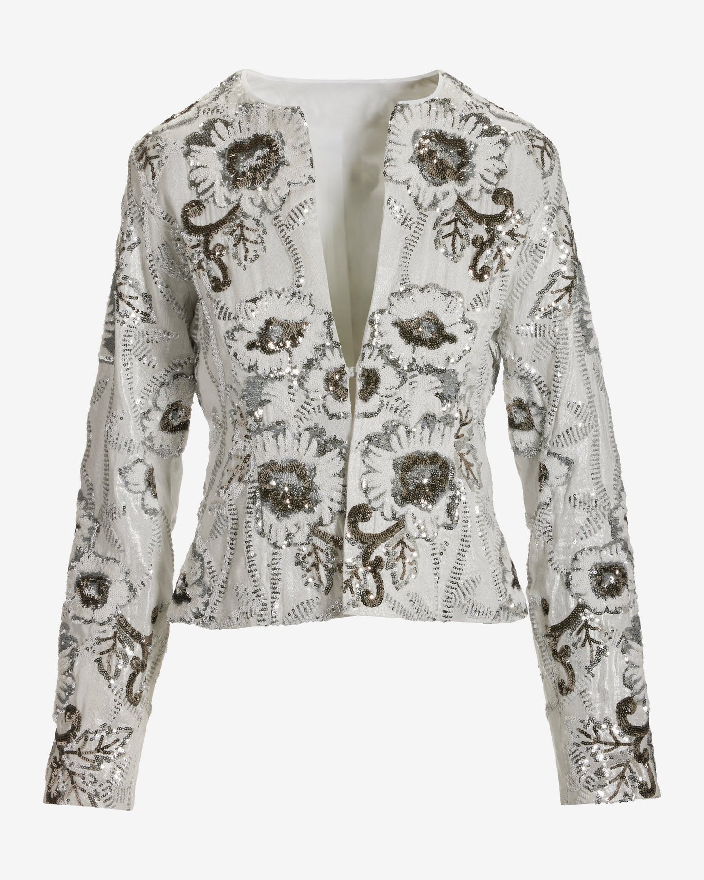 Floral Sequin Embellished Shimmer Linen Jacket White Silver