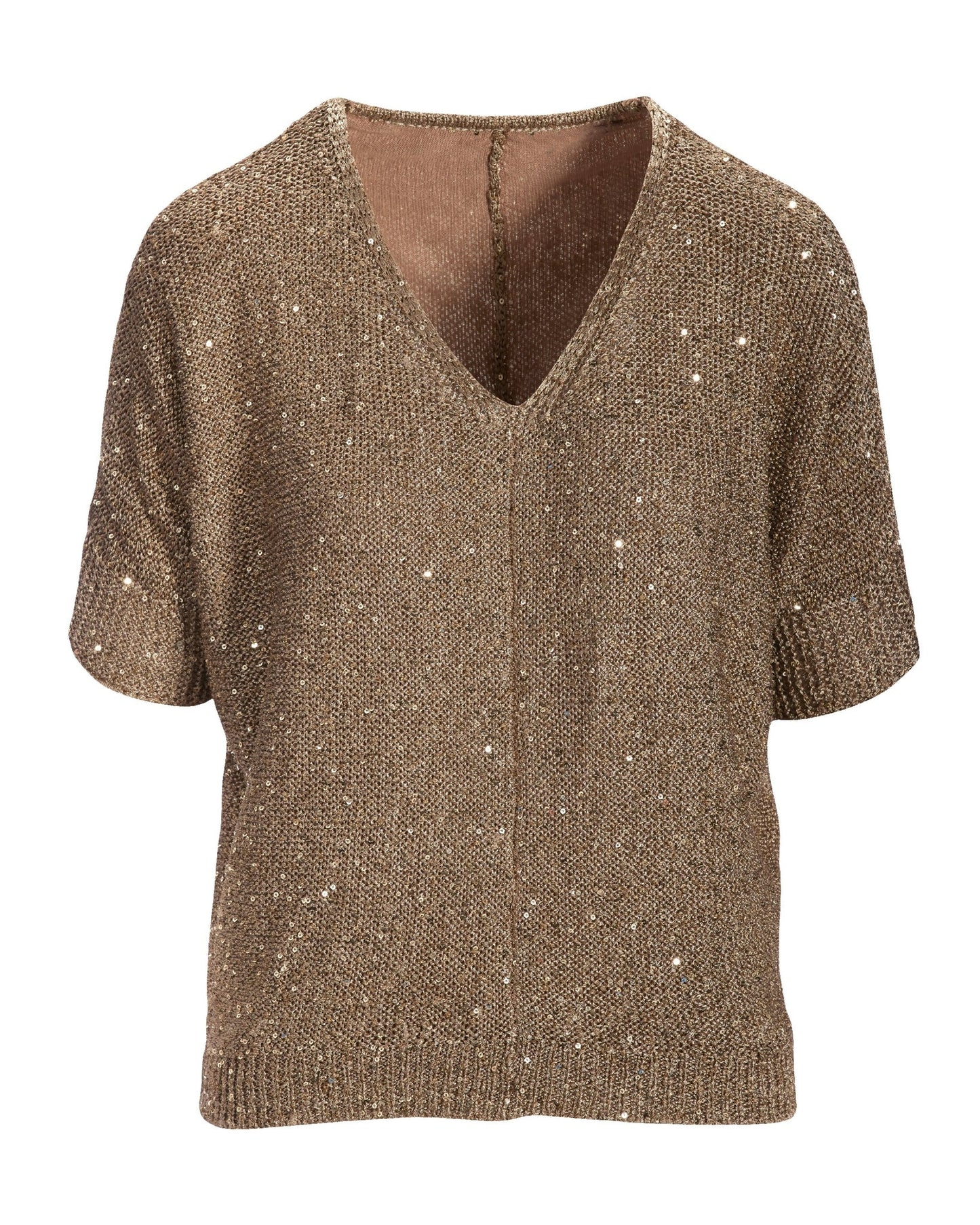 Sequin Effortless V Neck Sweater Tan