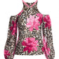 So Chic Cheetah Blooms Beaded Cold Shoulder Top Neutral/Pink