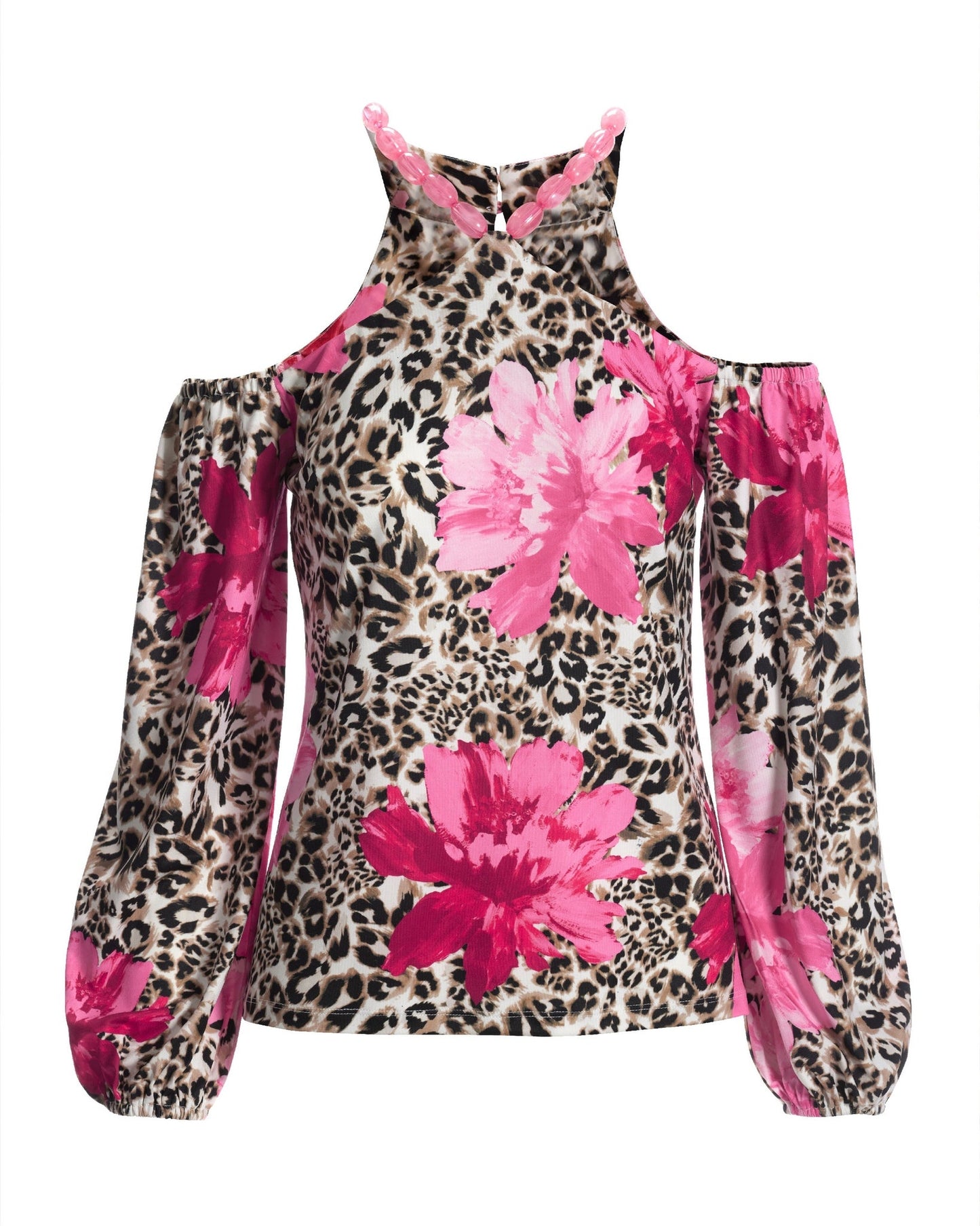 So Chic Cheetah Blooms Beaded Cold Shoulder Top Neutral/Pink