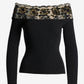 Sequin Lace Off the Shoulder Ribbed Sweater Black