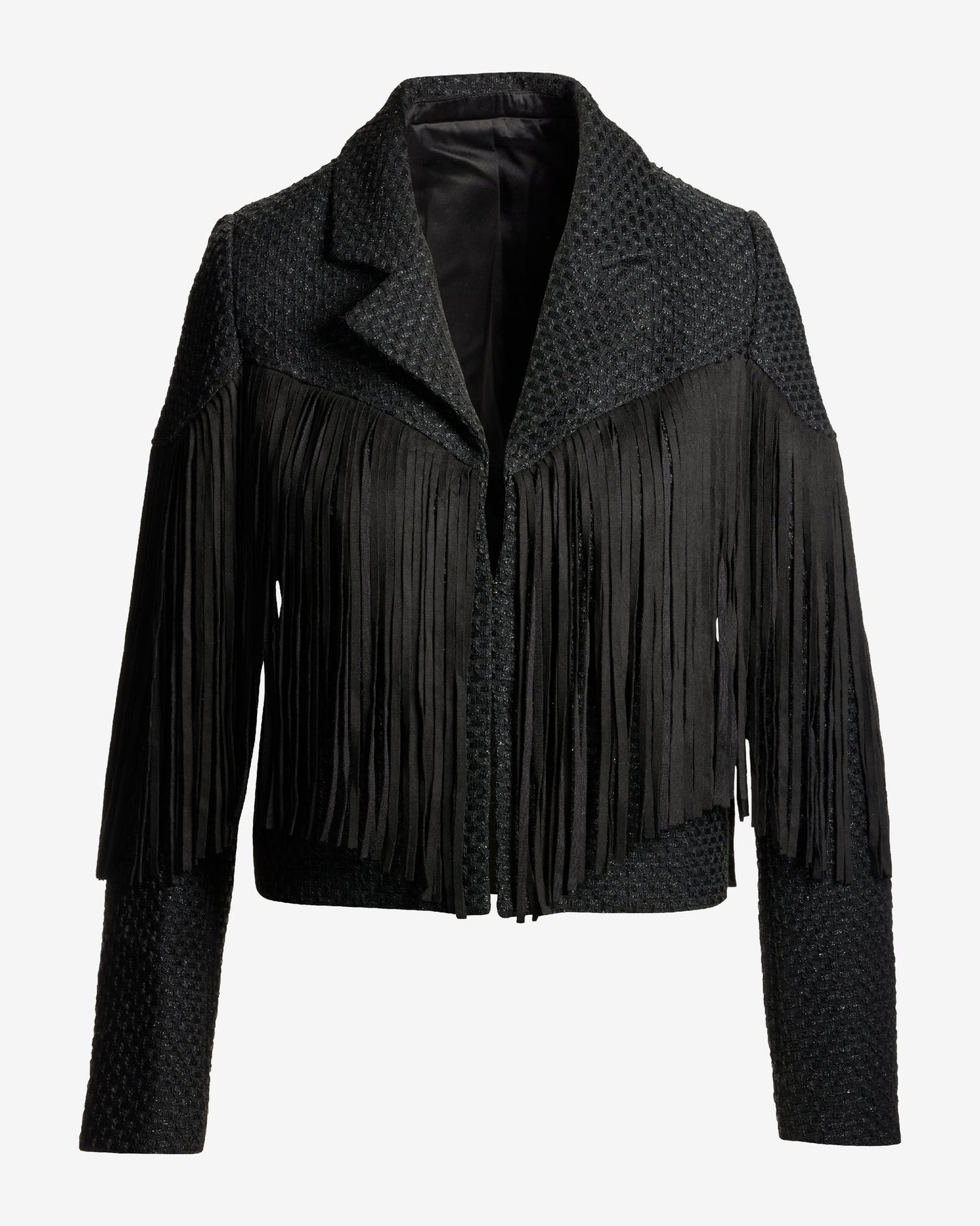 Fringe Detail Collared Shimmer Tweed Jacket Black