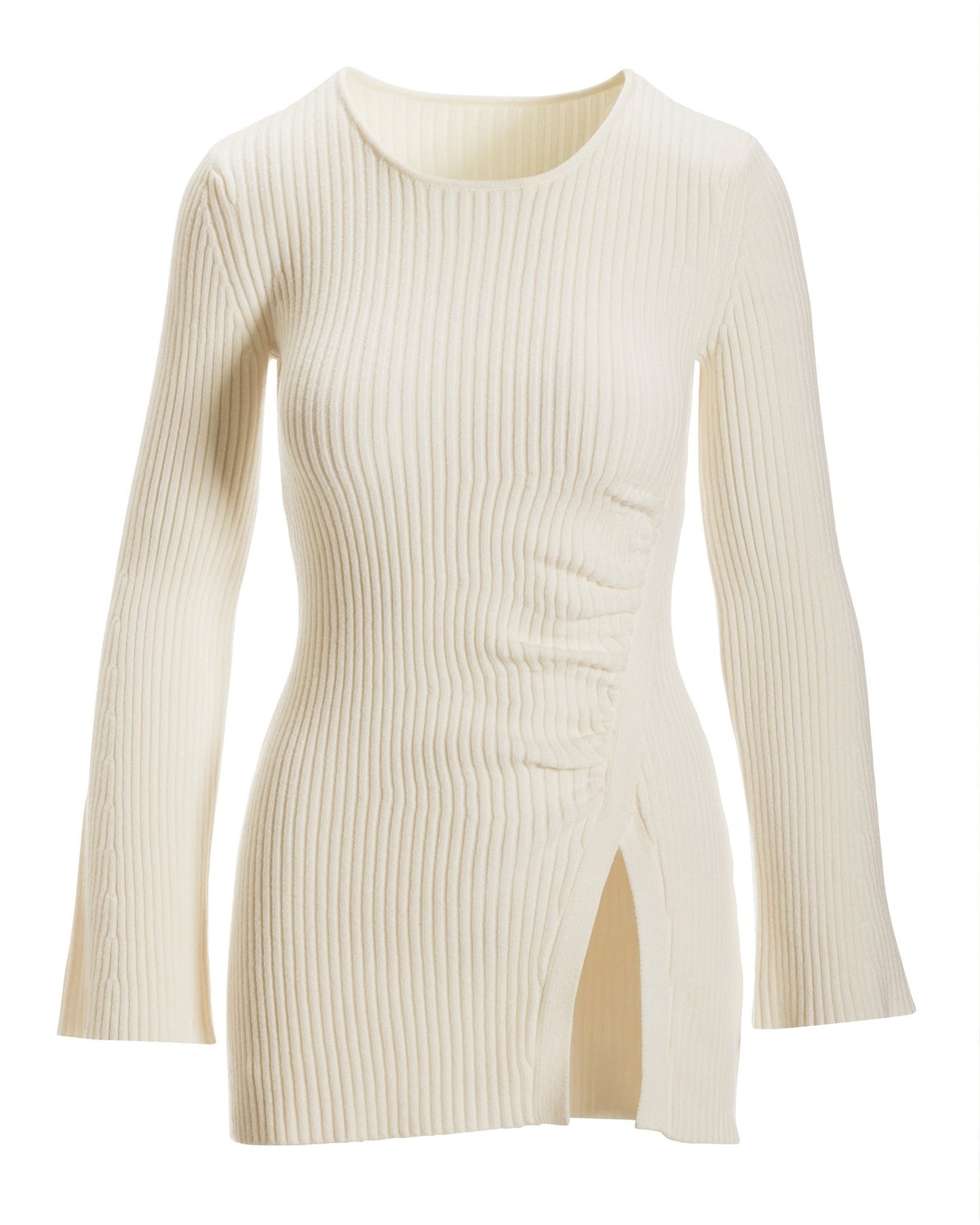 Side Slit Ruched Flare Sleeve Tunic Off White
