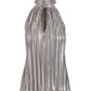 Metallic Mock Neck Keyhole Pleated Blouse Silver