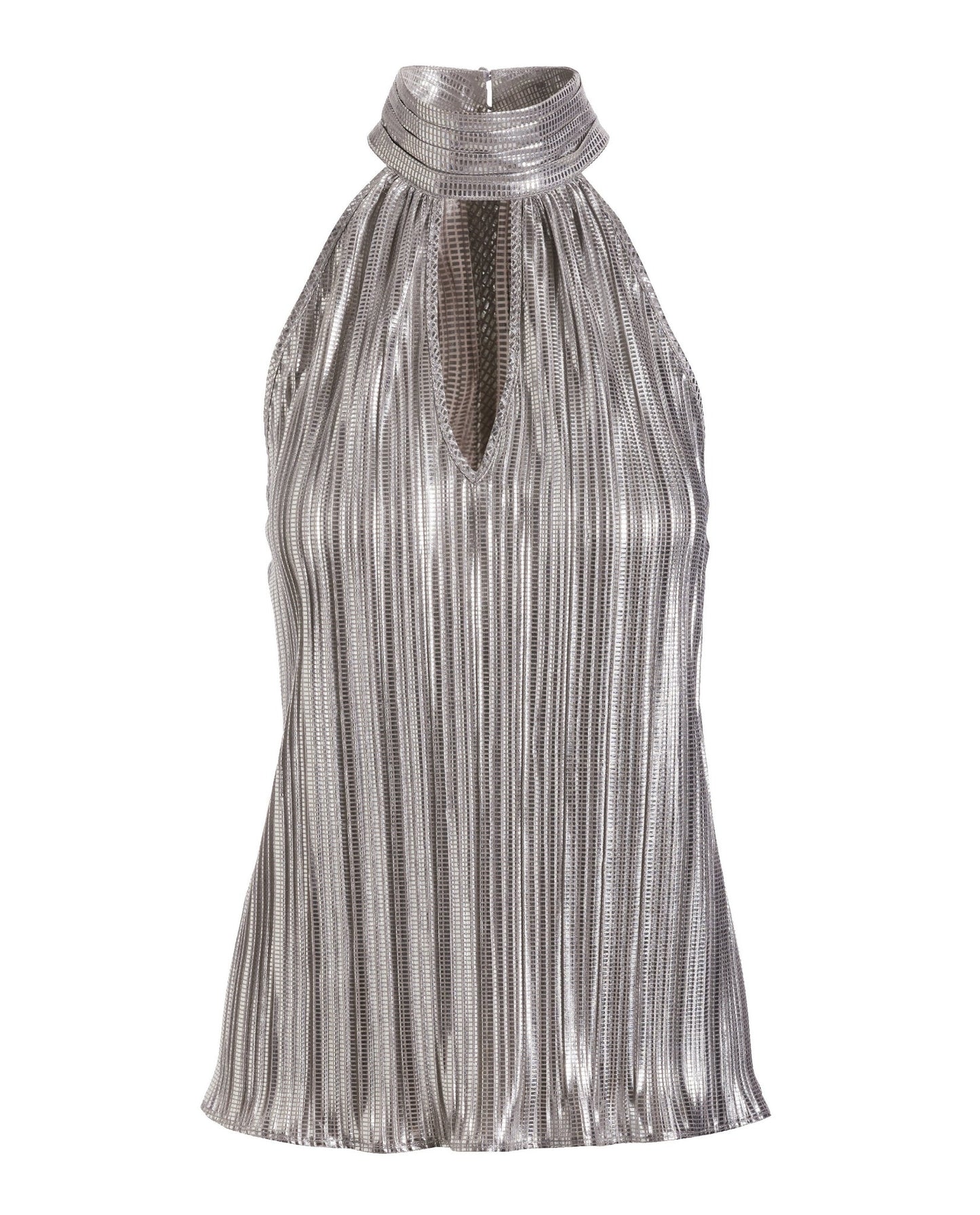 Metallic Mock Neck Keyhole Pleated Blouse Silver