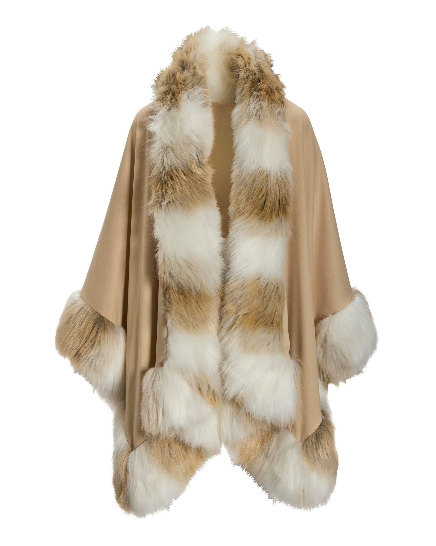 Elevated Neutral Tones Faux Fur Trim Poncho Tan