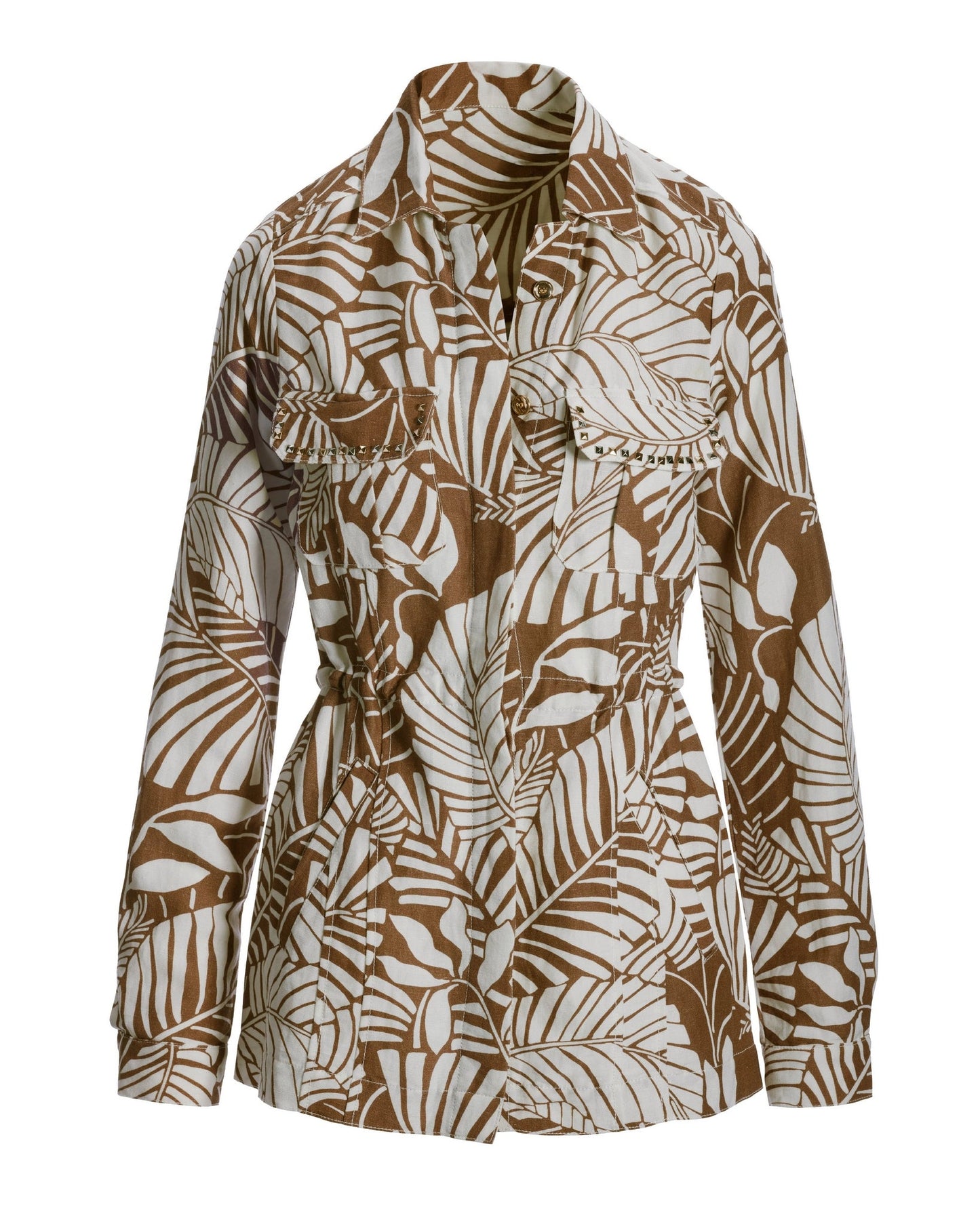 Outlined Florals Print Embellished Linen Utility Jacket Brown/White
