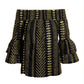 Gold Metallic Patterned Off the Shoulder Tiered Sleeve Blouse Black/Gold