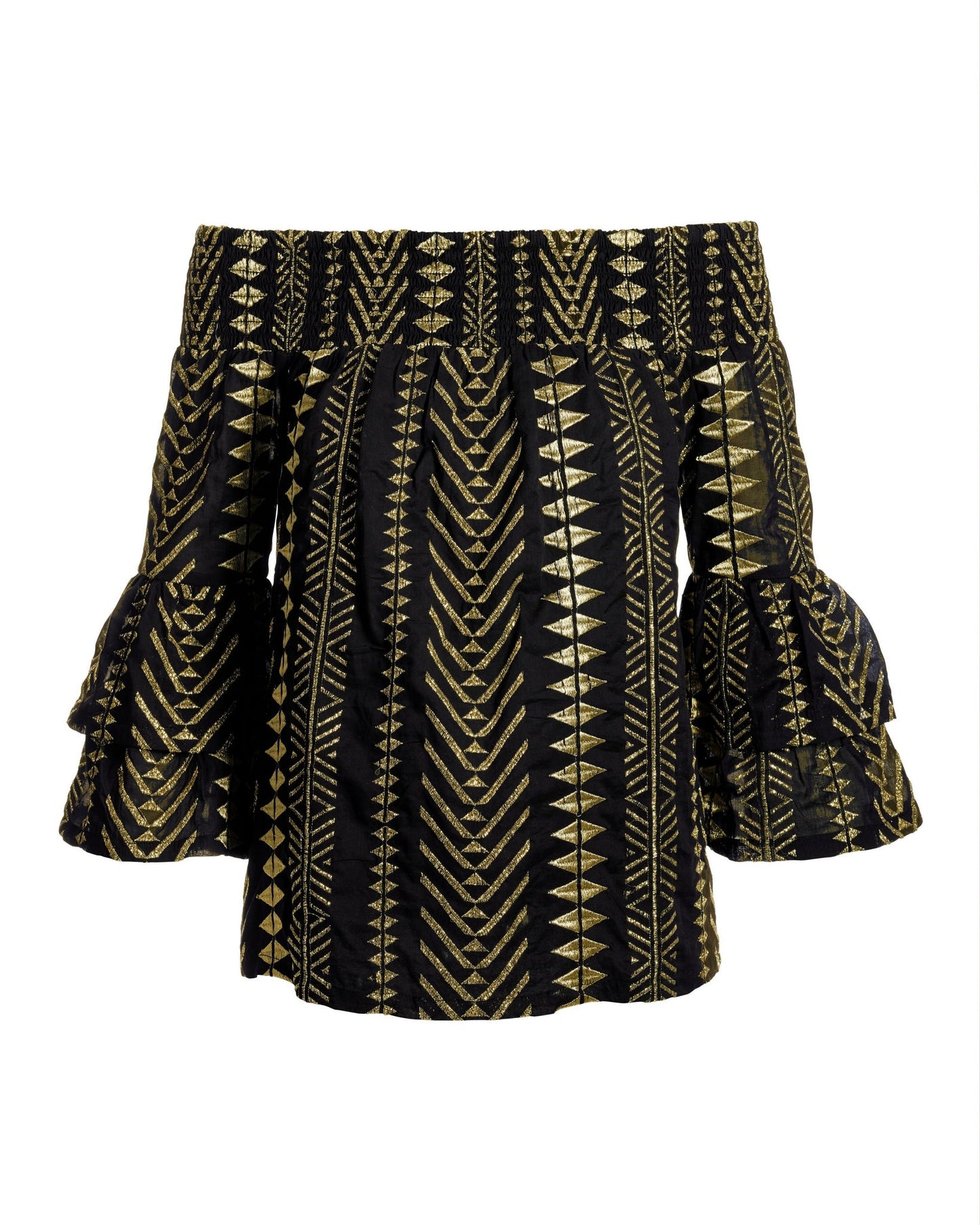 Gold Metallic Patterned Off the Shoulder Tiered Sleeve Blouse Black/Gold