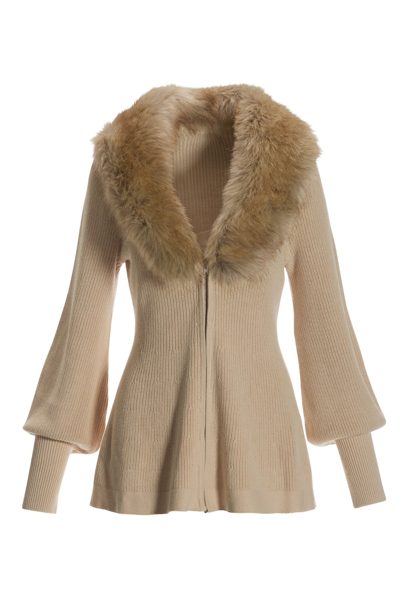 Faux Fur Balloon Sleeve A Line Zip Up Cardigan Tan