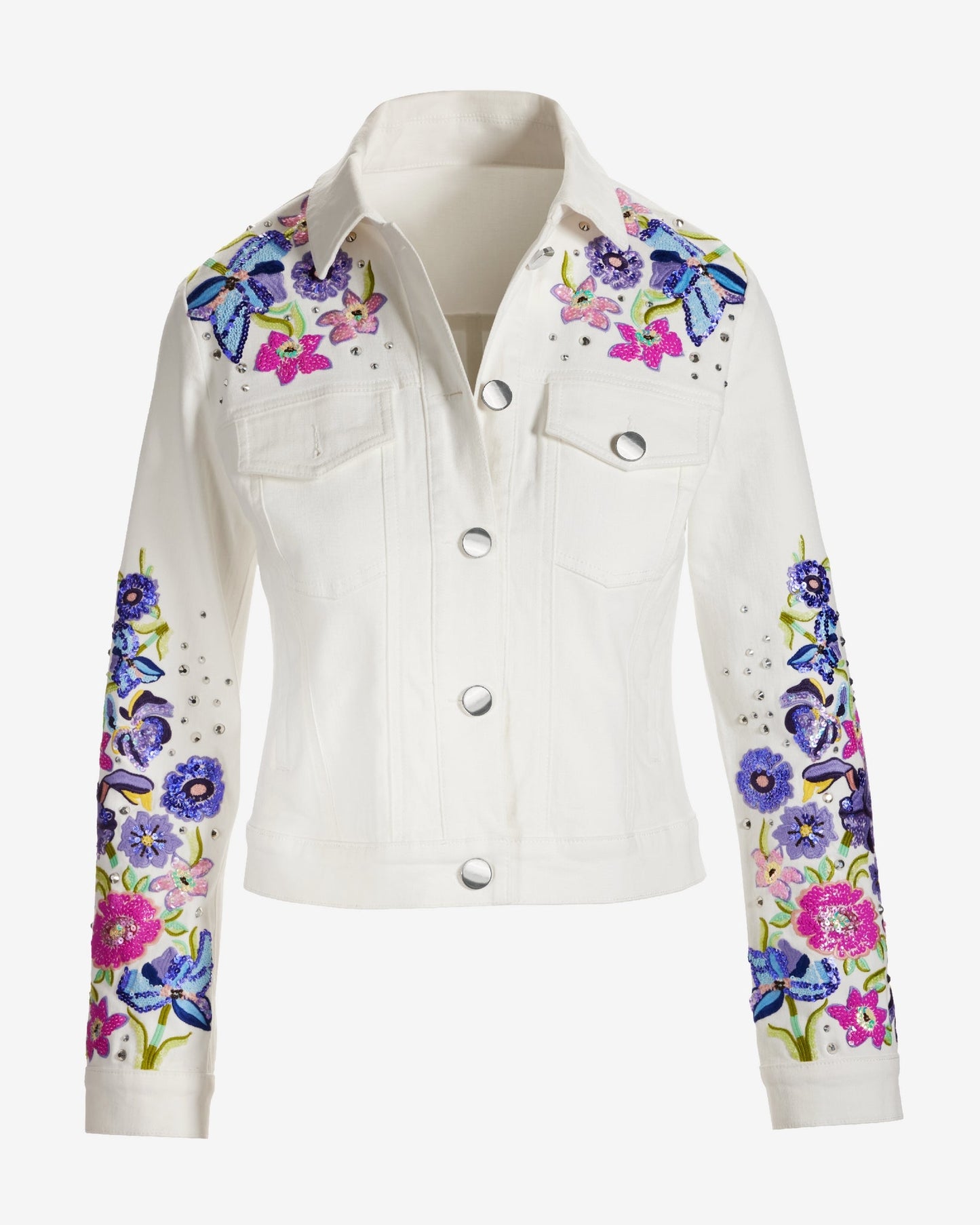 Floral Embroidered Denim Jacket White