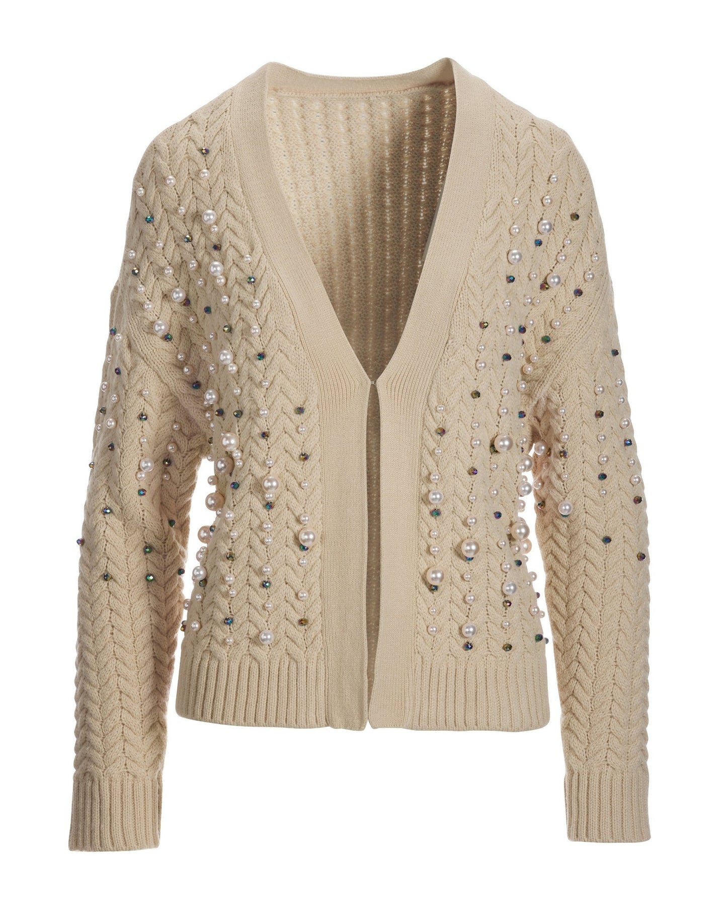 Pearl Embellished Cable Cardigan Tan