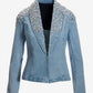 Pearl Embellished Denim Shawl Collar Jacket Light Wash