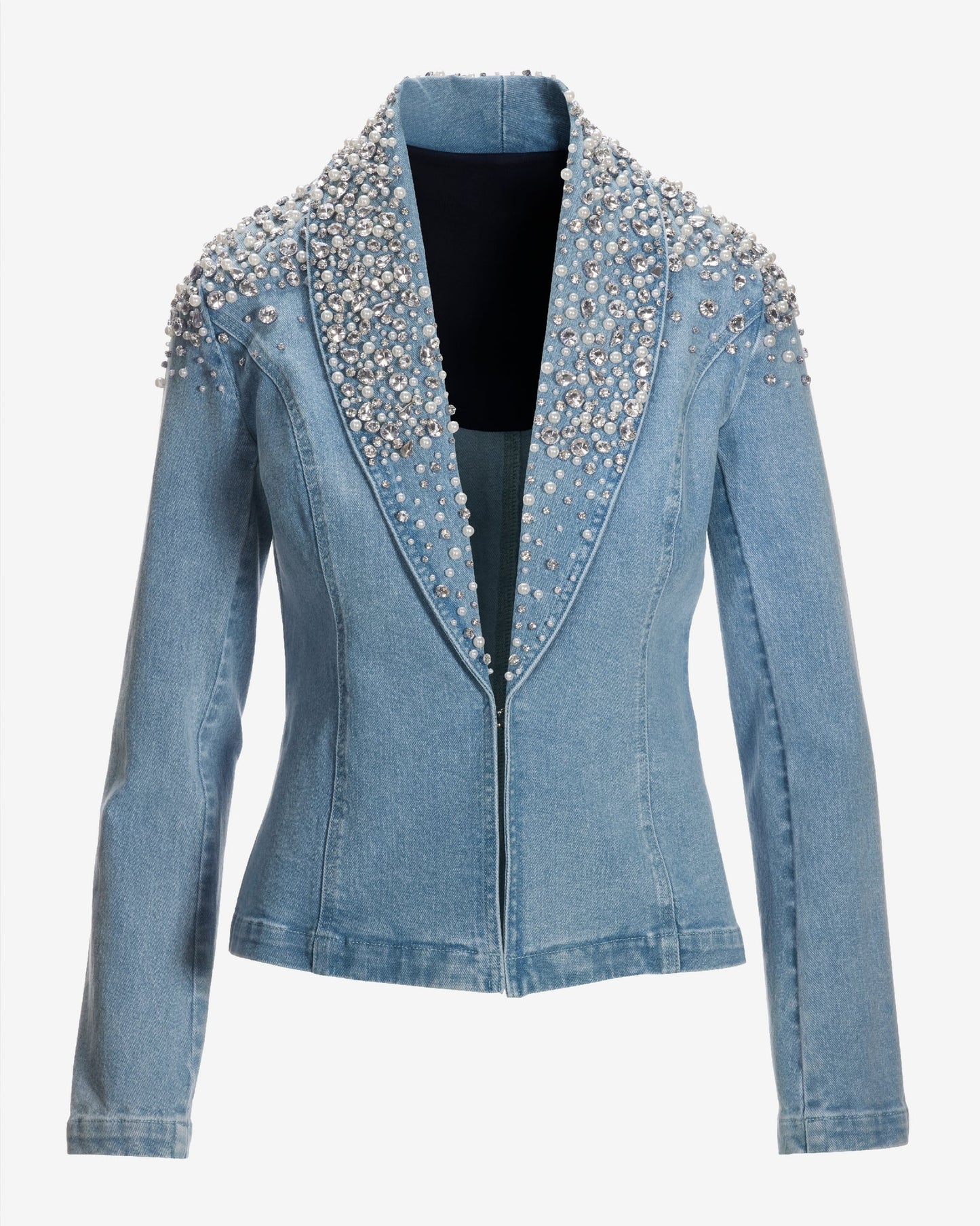 Pearl Embellished Denim Shawl Collar Jacket Light Wash