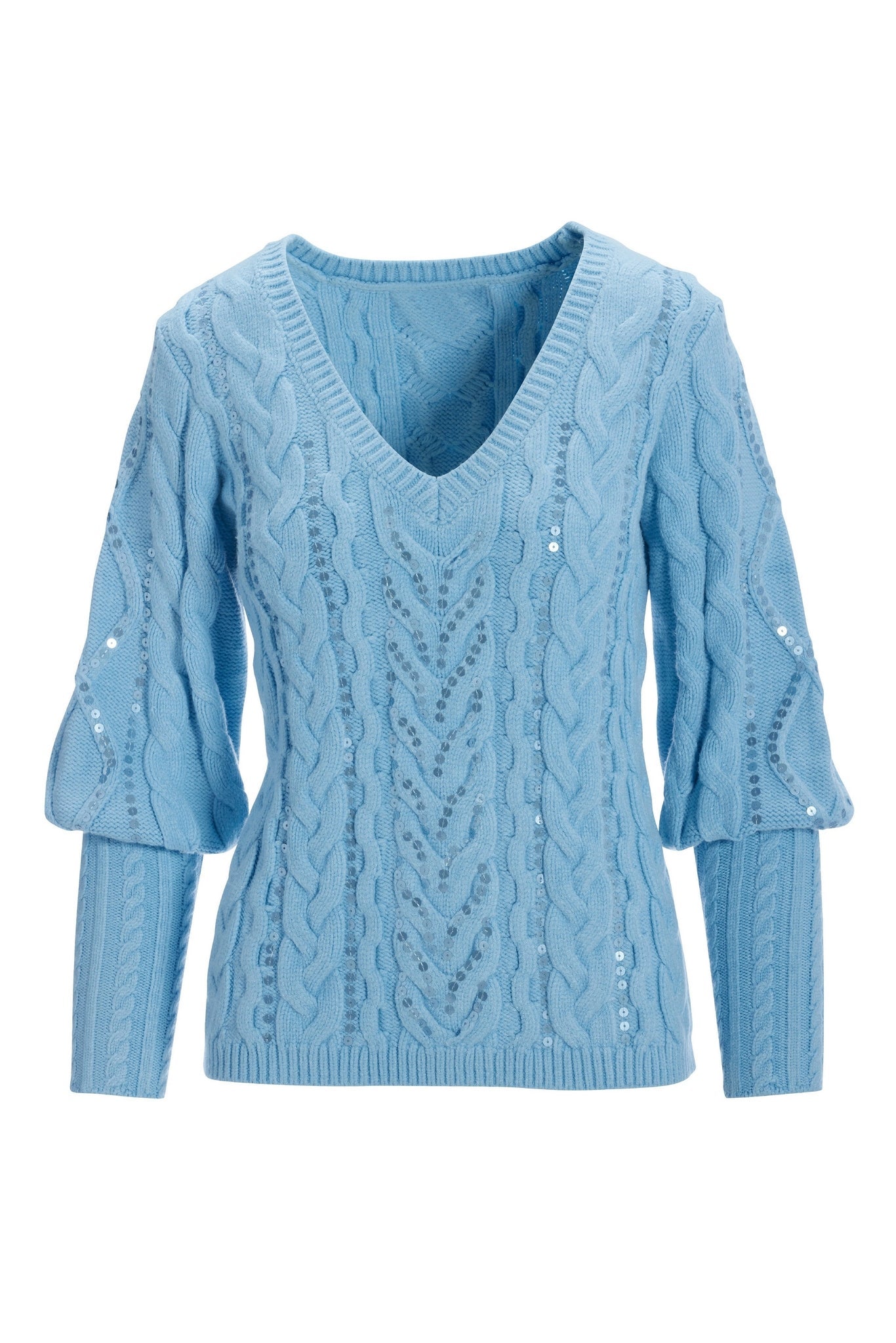Sequin Cable V-Neck Sweater Airy Blue