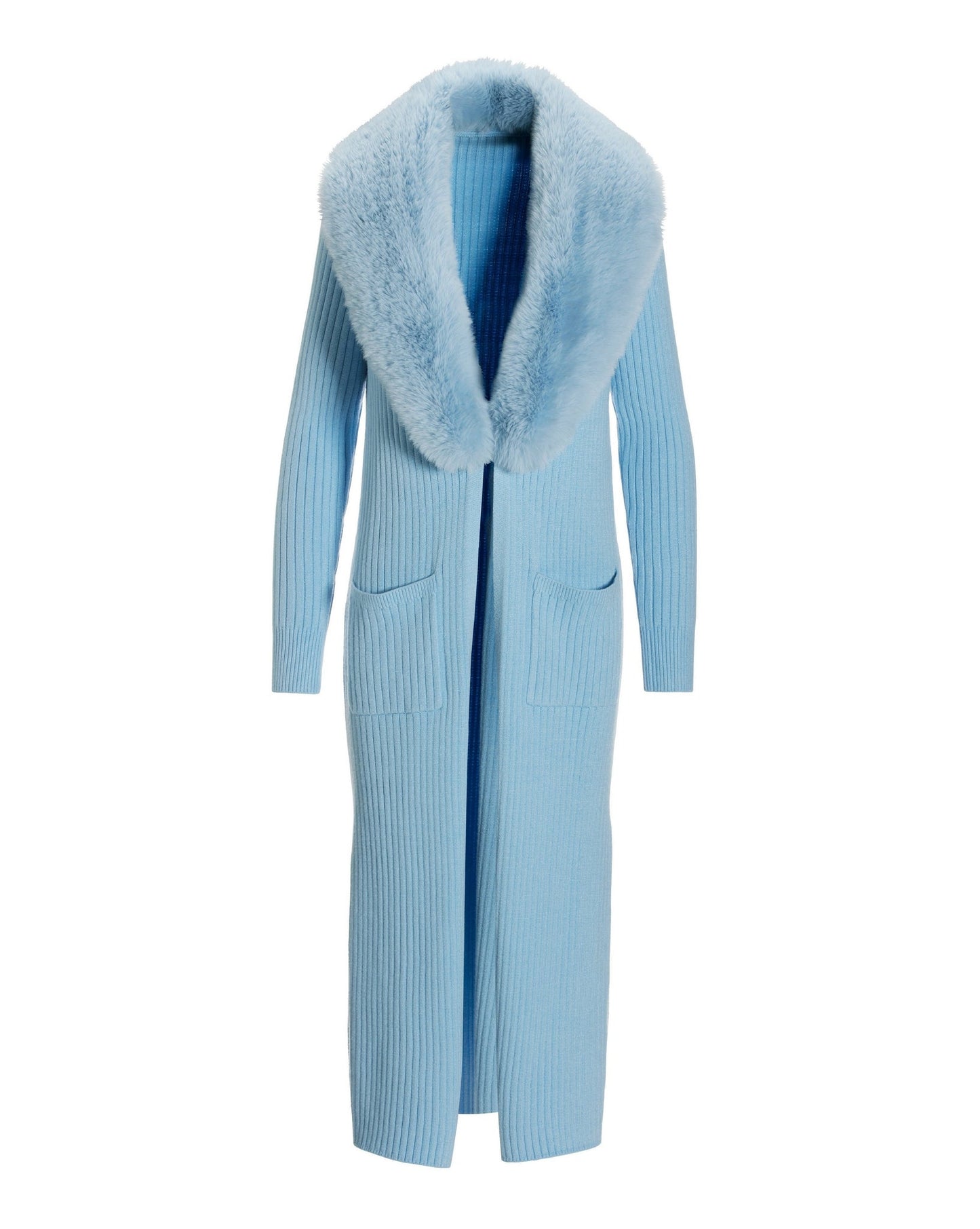 Faux Fur Collar Ribbed Long Cardigan Airy Blue