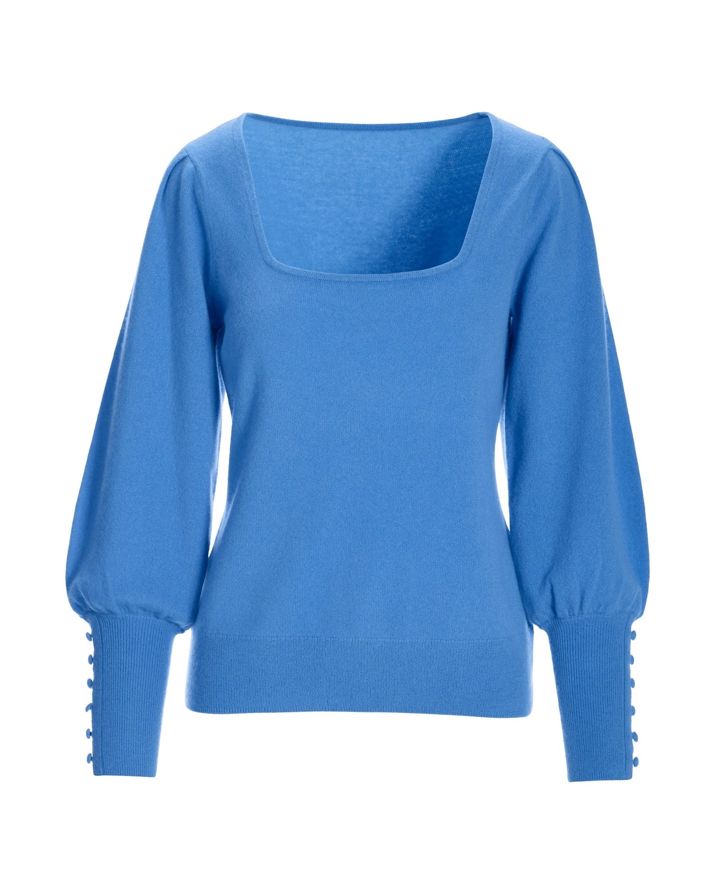 Cashmere Square-Neck Button-Cuff Sweater Blue