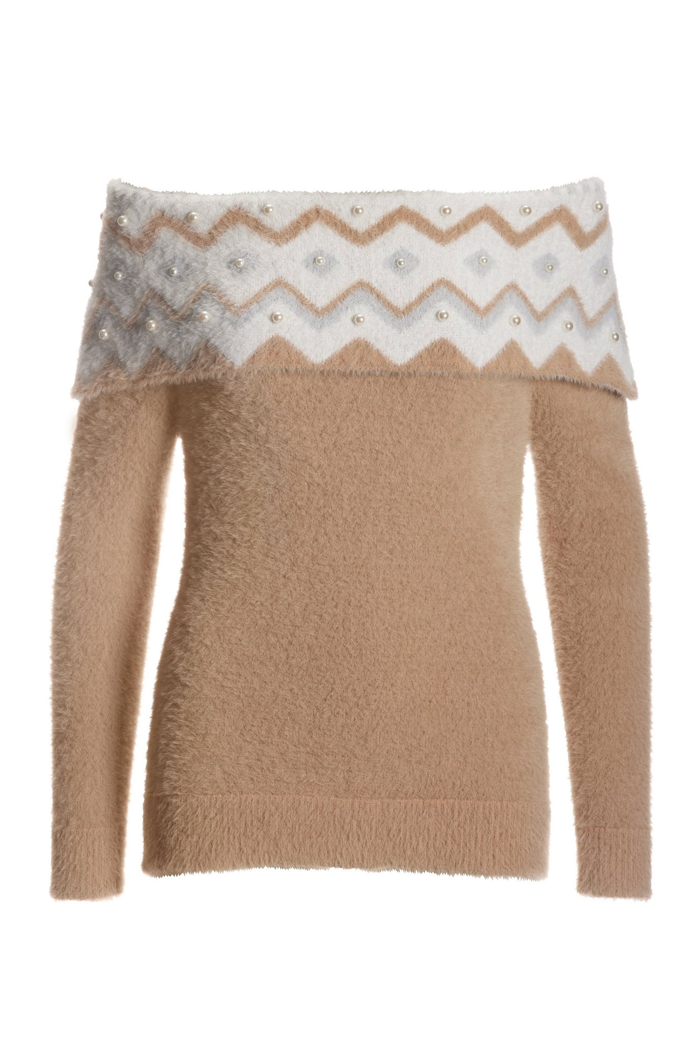 Pearl Embellished Fold Over Fairisle Sweater Camel Multi