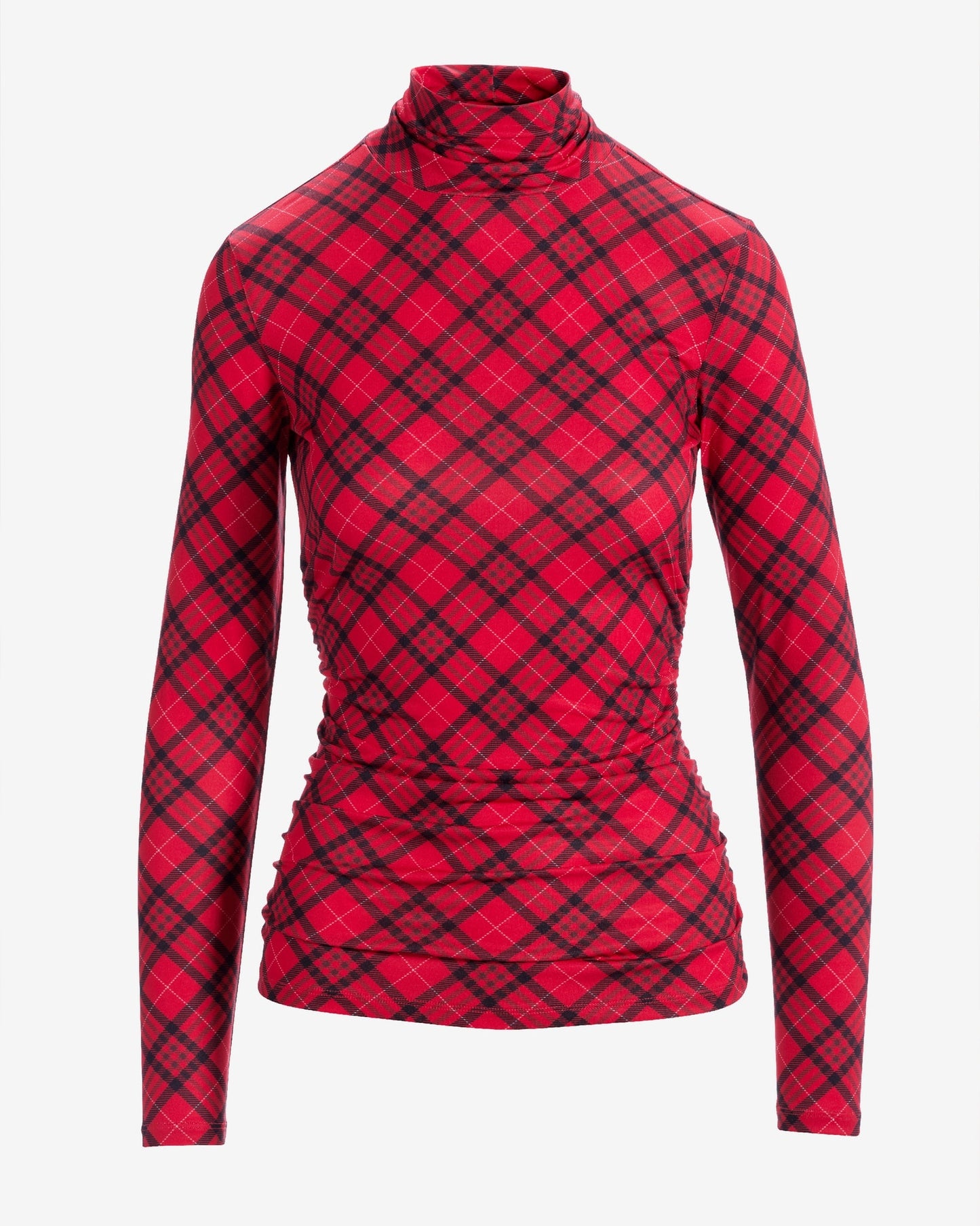 So Chic Ruched Holly Plaid Turtleneck Red
