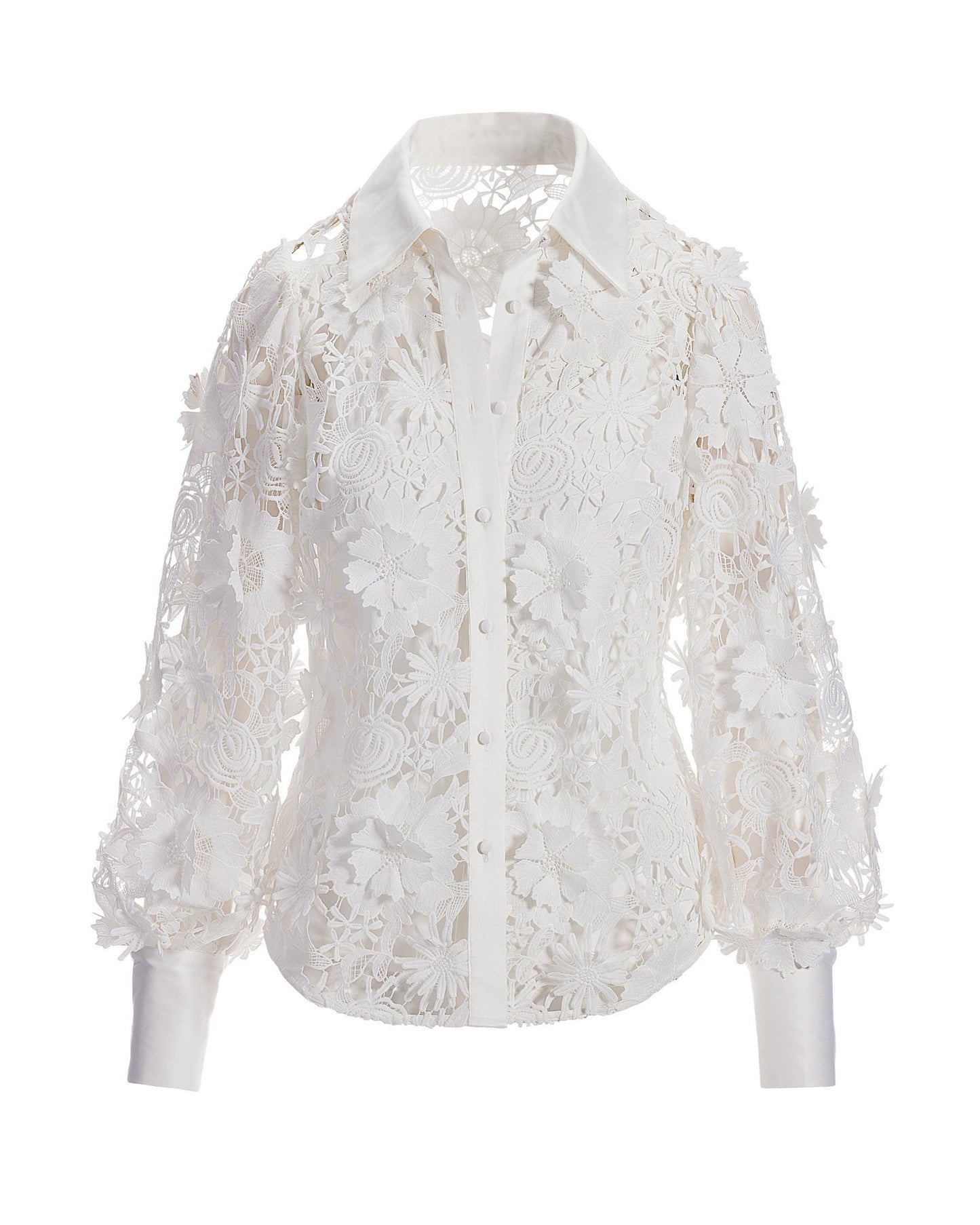 3D Floral Lace Victoria Chic Drama-Sleeve Shirt White