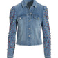 Bright Crystal Embellished Puff-Sleeve Denim Jacket Light Wash