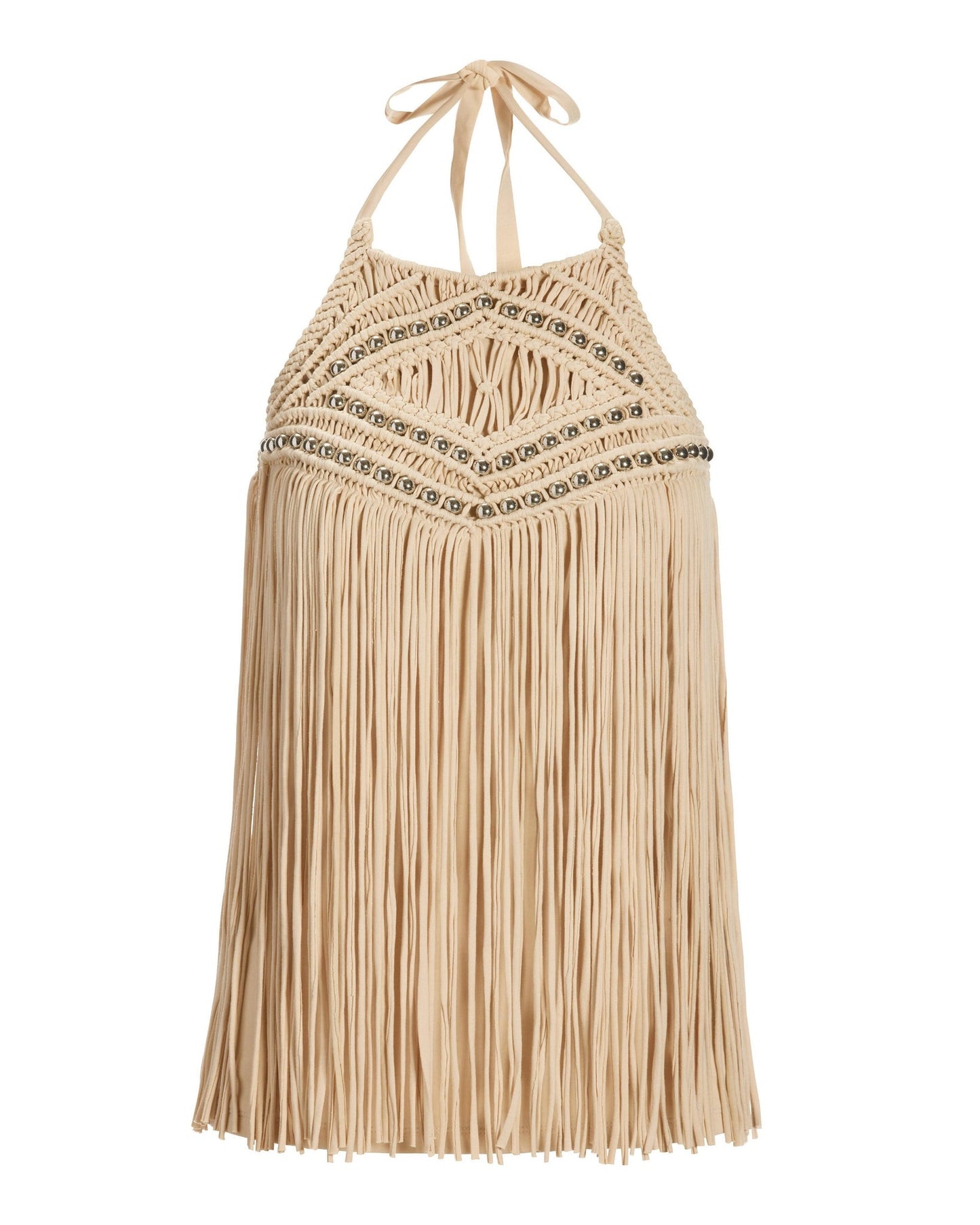 Beaded Macramé Knit Top Tan