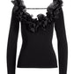 Organza Ruffle V Neck Sweater Black