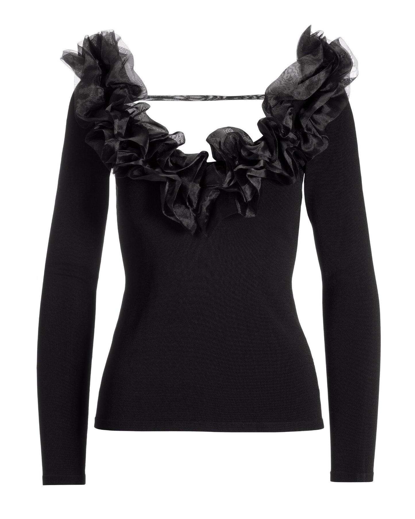 Organza Ruffle V Neck Sweater Black