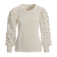 Rhinestone Mixed Media Puff-Sleeve Sweatshirt Off White