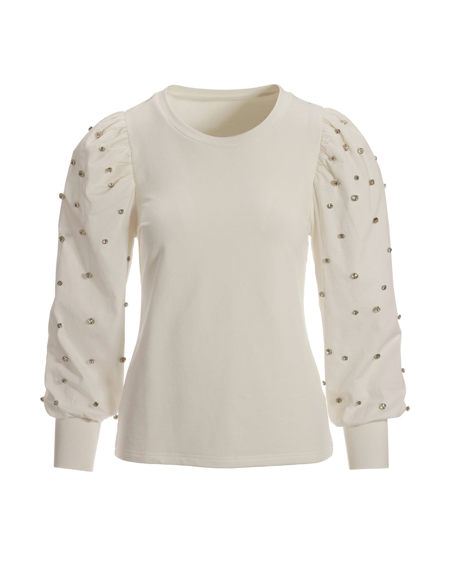 Rhinestone Mixed Media Puff-Sleeve Sweatshirt Off White